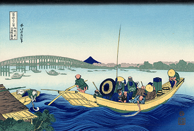 Sunset across the Ryogoku bridge from the bank of the Sumida River Hokusai
