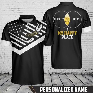 American Flag Hockey And Beer My Happy Place Custom Name Polo Shirt Beer Polo Shirts