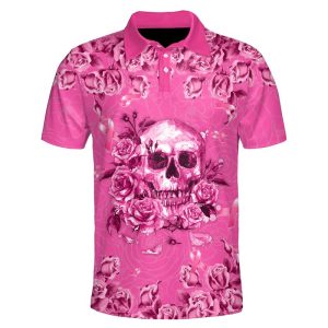 Breast Cancer Awareness Skull Flowers Polo Shirt Breast Cancer Awareness Polo Shirts