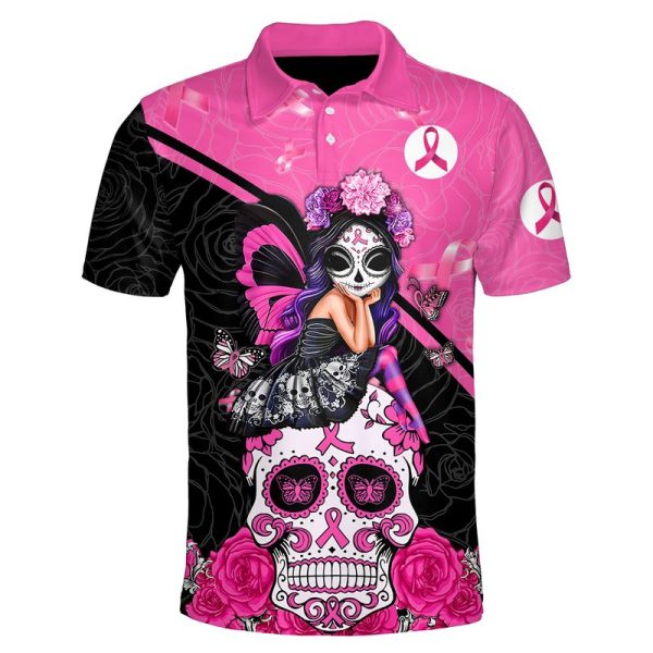 Breast Cancer Awareness Sugar Skull Fairy Flowers Polo Shirt Breast Cancer Awareness Polo Shirts