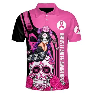 Breast Cancer Awareness Sugar Skull Girl Fight Like A Girl 3D Polo Shirt Breast Cancer Awareness Polo Shirts