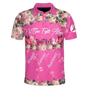 Butterfly Flowers No One Fights Alone Breast Cancer Awareness Polo Shirt Breast Cancer Awareness Polo Shirts