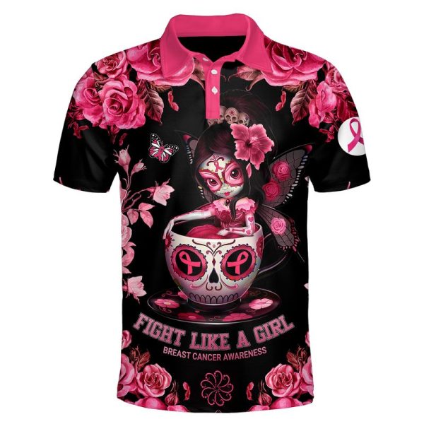 Flower Sugar Skull Fairy Fight Like A Girl Breast Cancer Awareness Polo Shirt Breast Cancer Awareness Polo Shirts