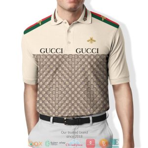 Gucci Bee Light Brown Red Green Stripe Polo Shirt Gucci Polo Shirts
