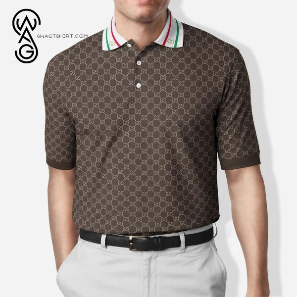 Gucci Symbol Brown Stripes All Over Print Premium Polo Shirt Gucci Polo Shirts