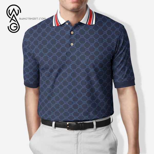 Gucci Symbol Navy All Over Print Premium Polo Shirt Gucci Polo Shirts