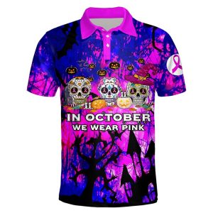 Halloween Sugar Skull Pumpkin In October We Wear Pink Breast Cancer Polo Shirt Halloween Polo Shirts