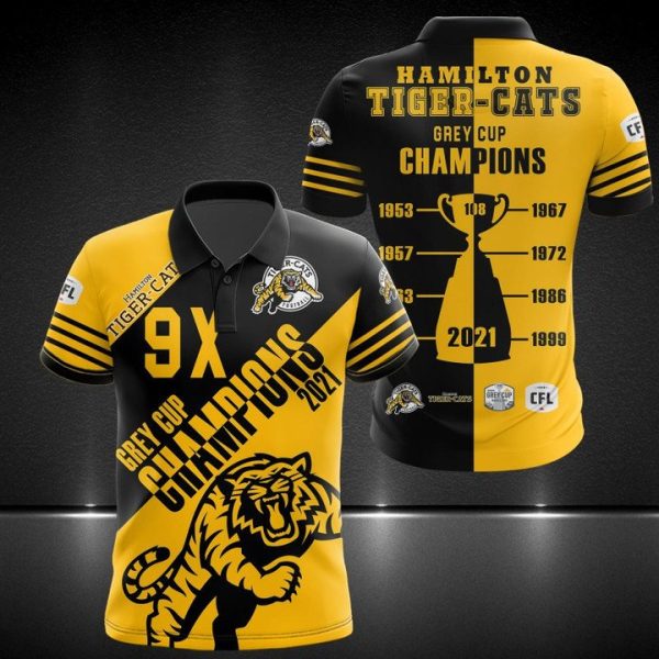 Hamilton Tiger Cats 9X Grey Cup Champions 2021 3D Polo Shirt Hamilton Tiger-Cats Polo Shirts