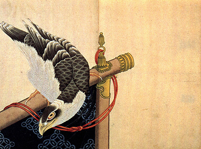 Hawk on a Ceremonial Stand Hokusai