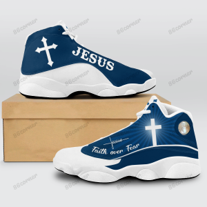 Jesus Cross Faith Over Fear Blue Air Jordan 13 Shoes Jesus Air Jordan 13 Shoes