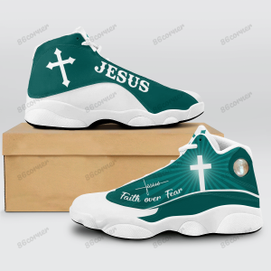 Jesus Cross Faith Over Fear Teal Air Jordan 13 Shoes Jesus Air Jordan 13 Shoes