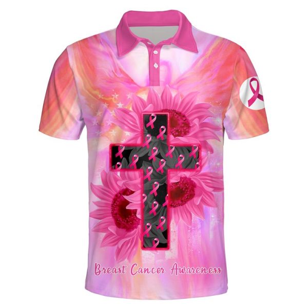 Jesus Cross Sunflowers Breast Cancer Awareness Polo Shirt Breast Cancer Awareness Polo Shirts