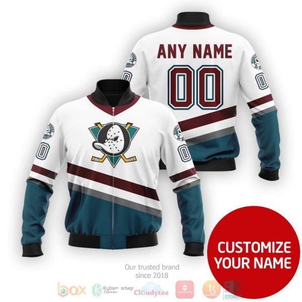 Personalized Anaheim Ducks Nhl Custom White Blue Bomber Jacket Anaheim Ducks Bomber Jacket