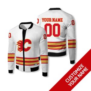 Personalized Calgary Flames Nhl White Yellow Custom Bomber Jacket Calgary Flames Bomber Jacket