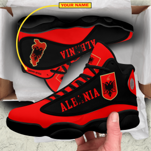 Personalized Coat Of Arms Of Albania Map Red Black Custom Air Jordan 13 Shoes Coat Of Arms Air Jordan 13 Shoes