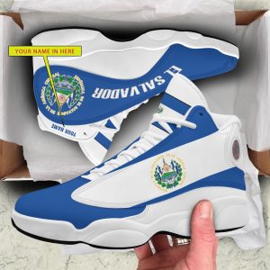 Personalized Coat Of Arms Of El Salvador Blue White Custom Air Jordan 13 Shoes Coat Of Arms Air Jordan 13 Shoes