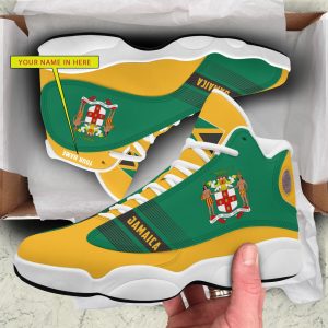 Personalized Coat Of Arms Of Jamaica Green Yellow Custom Air Jordan 13 Shoes Coat Of Arms Air Jordan 13 Shoes
