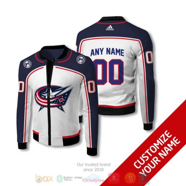 Personalized Columbus Blue Jackets Nhl White Blue Custom Bomber Jacket Columbus Blue Jackets Bomber Jacket