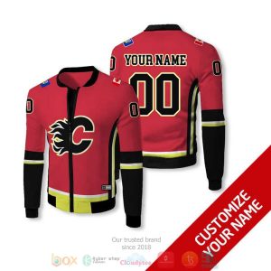 Personalized Nhl Calgary Flames Red Black Custom Bomber Jacket Calgary Flames Bomber Jacket