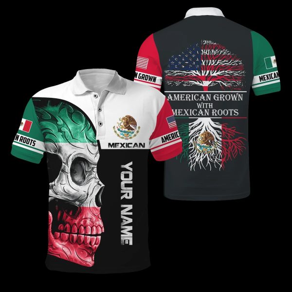 Personalized Skull Coat Of Arms Mexico American Grown With Mexican Roots Custom Polo Shirt Mexico Polo Shirts
