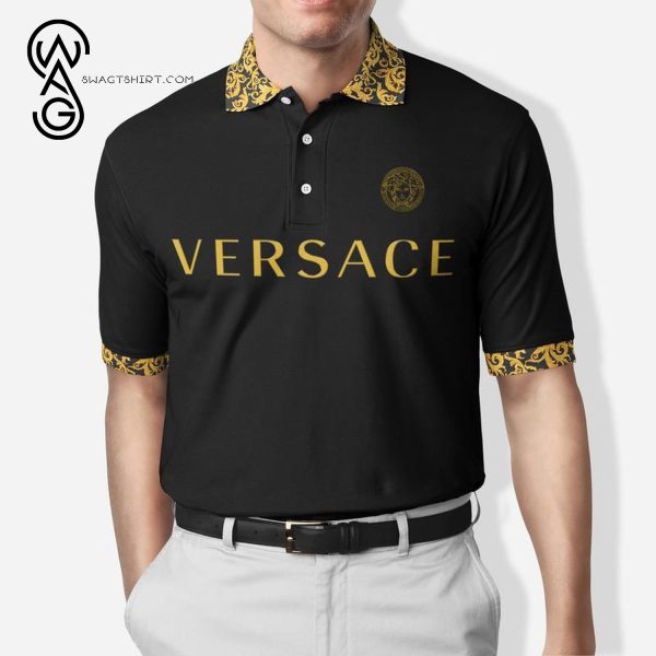 Versace Gold Stripes All Over Print Premium Polo Shirt Versace Polo Shirts