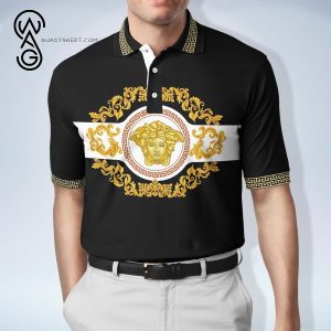 Versace Logo Gold Stripes All Over Print Premium Polo Shirt Versace Polo Shirts