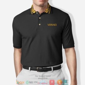 Versace Small Yellow Pattern Black Polo Shirt Versace Polo Shirts