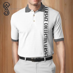 Versace Symbol White Stripes All Over Print Premium Polo Shirt Versace Polo Shirts