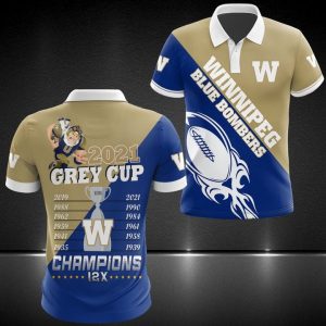 Winnipeg Blue Bombers 2021 Grey Cup Champion 12X 3D Polo Shirt Winnipeg Blue Bombers Polo Shirts