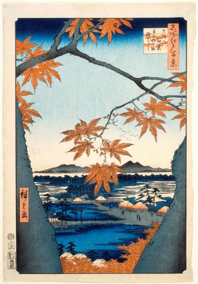 Maple Trees at Mama, Tekona Shrine and Linked Bridge by Hiroshige