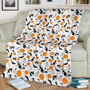 HALLOWEEN PUMPKIN BLACK CAT AND WITCH FLEECE BLANKET GIFT FOR FAN