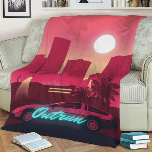 OUTRUN DELOREAN FLEECE BLANKET GIFT FOR FAN OUTRUN DELOREAN FLEECE BLANKET GIFT FOR FAN
