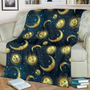 GOLD SUN MOON FACE GALAXY FLEECE BLANKET GIFT FOR FAN