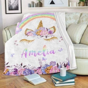 FLORAL AND RAINBOW UNICORN AMELIA CUSTOM TEXT NAME BEST SELLER FLEECE BLANKET GIFT FOR FAN