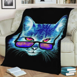 NEON CAT WITH SUNGLASSES FLEECE BLANKET GIFT FOR FAN
