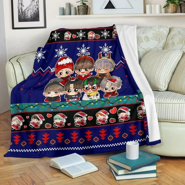 BLUE BTS CHRISTMAS FLEECE BLANKET GIFT FOR FAN BLUE BTS CHRISTMAS FLEECE BLANKET GIFT FOR FAN