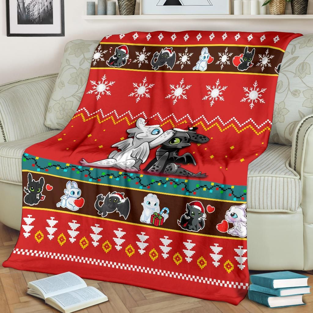 TOOTHLESS AND LIGHT FURY CHRISTMAS FLEECE BLANKET GIFT FOR FAN TOOTHLESS AND LIGHT FURY CHRISTMAS FLEECE BLANKET GIFT FOR FAN