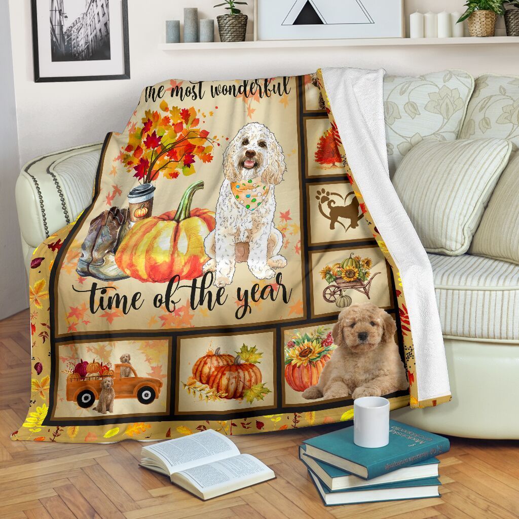 Goldendoodle Autumn Pumpkin Fleece Blanket Goldendoodle Autumn Pumpkin Fleece Blanket