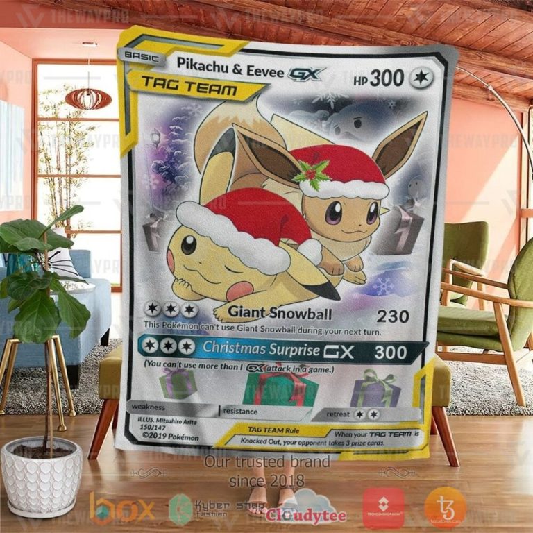 Anime-Pkm-Christmas-Eevee-And-Pikachu-Tag-Team-Gx-Custom-Soft-Blanket-3
