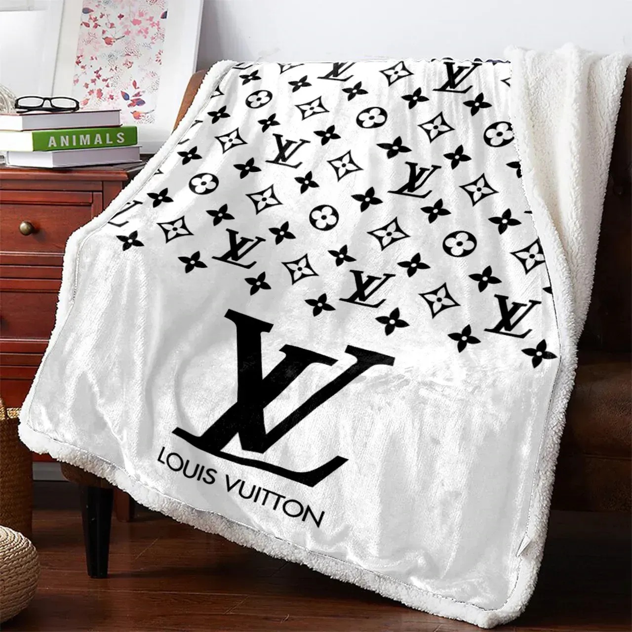 Louis Vuitton Black Logo White Fleece Blanket Louis Vuitton Black Logo White Fleece Blanket