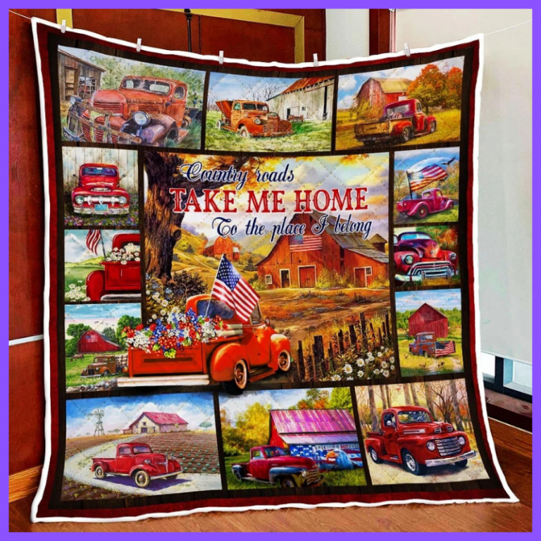 Red-Truck-Country-Roads-Take-Me-Home-To-The-Place-I-Belong-Quilt-Blanket-2