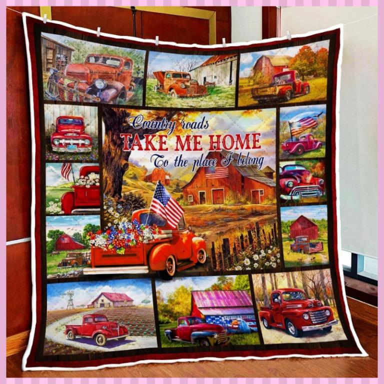 Red-Truck-Country-Roads-Take-Me-Home-To-The-Place-I-Belong-Quilt-Blanket-3